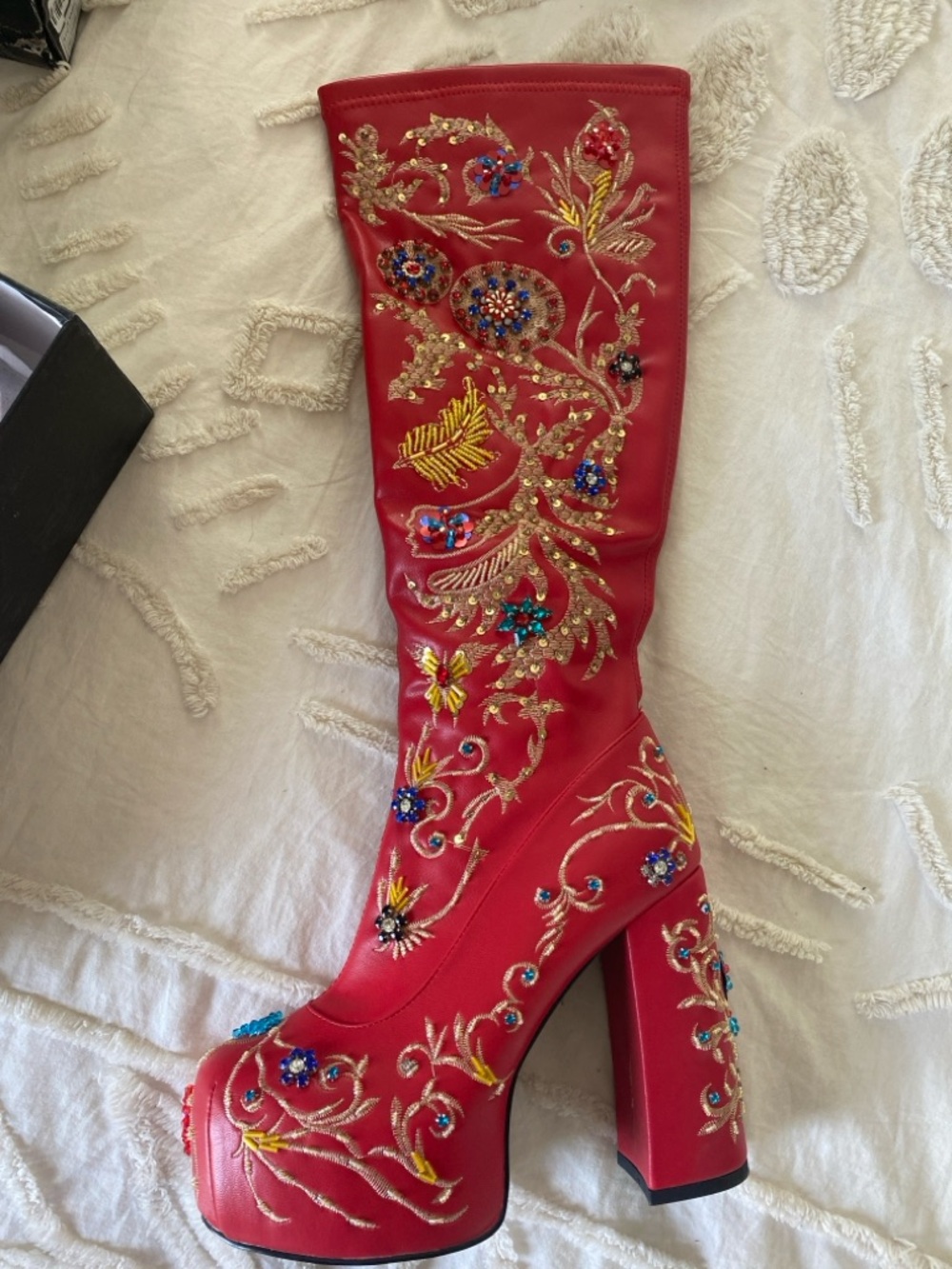 Azalea Wang All About the Flashy Red Platform Beaded Knee-High Boots